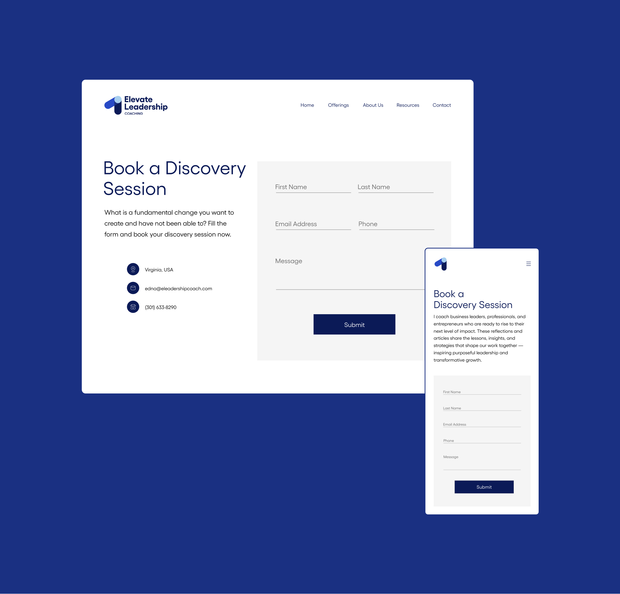 Website design for Elevate Leadership's contact page
