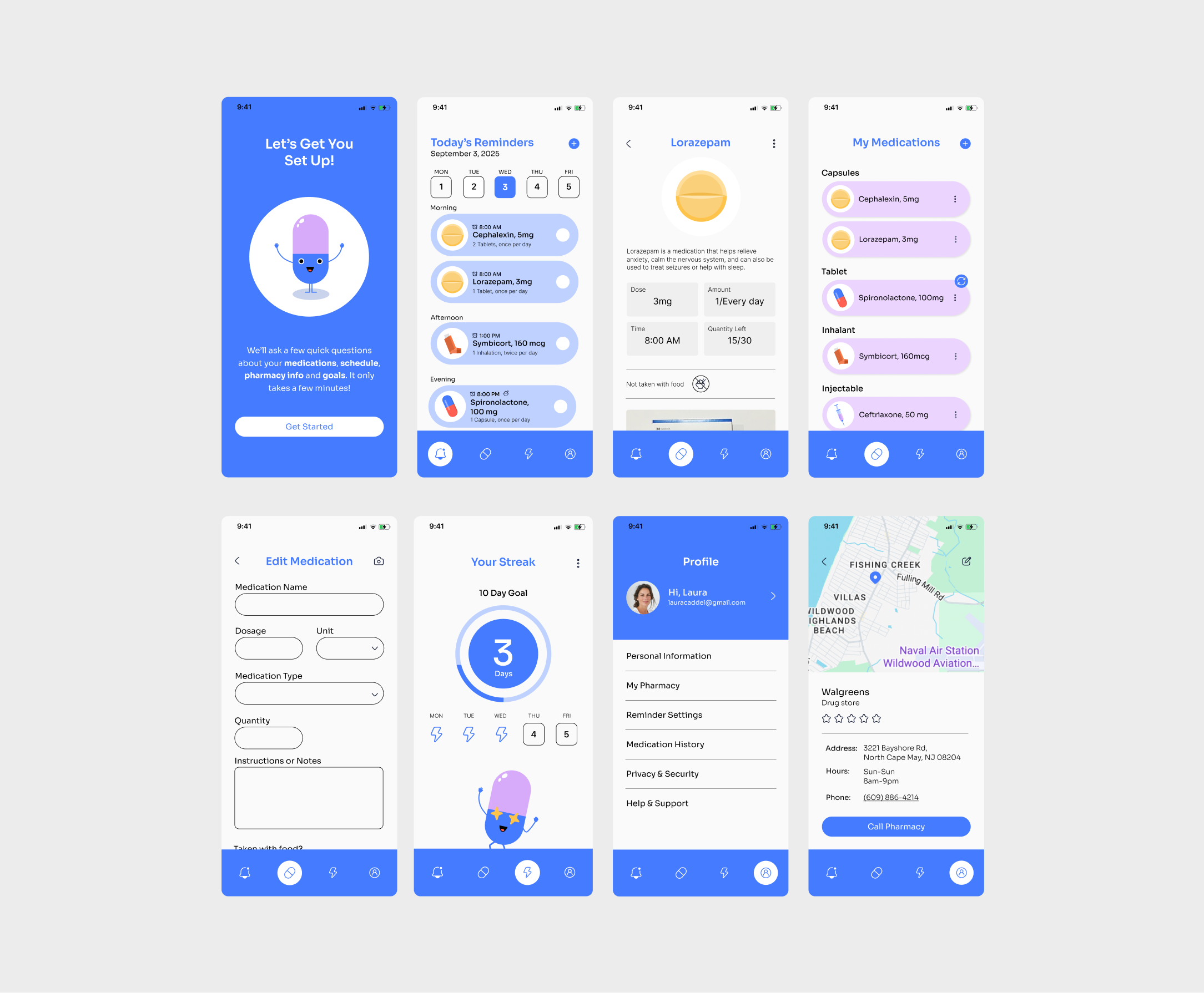 High-Fidelity wireframes of the Oliver app